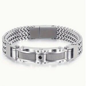 Stainless Steel Bracelet with Sparkling Accents - Rock-Inspired Braided Chain